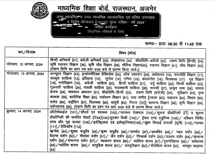 RBSE 12th Supply Time Table 2024