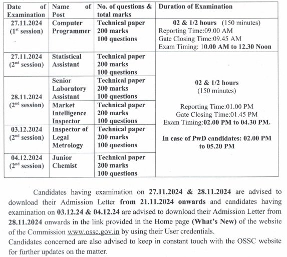 OSSC CGL Mains Exam Date