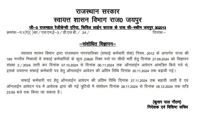 Safai Karamchari Bharti 2024 Application submission date extension