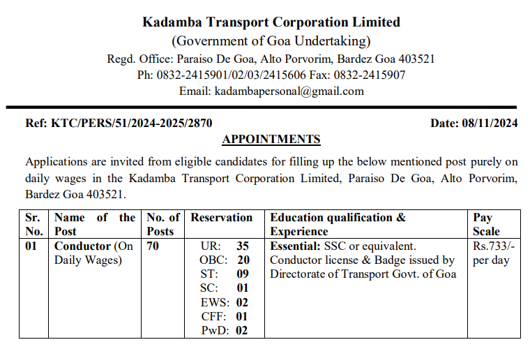 KTCL Conductor Category Wise vacancy Details