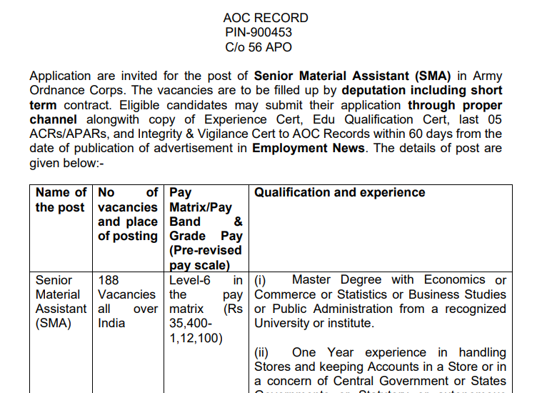 Army Ordnance Corps SMA Vacancy Details